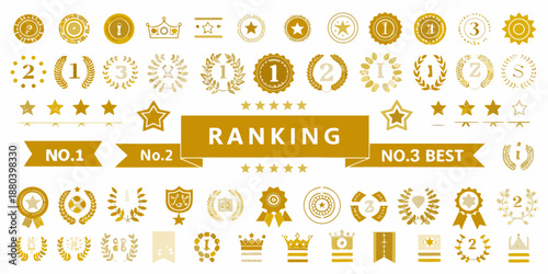 Collection of golden ranking badges ribbons stars and crown emblems