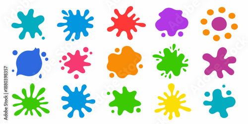 Colorful paint splatters and blots arranged in a grid on a white background