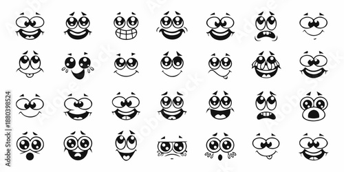 Collection of cheerful cartoon faces displaying various expressions and emotions