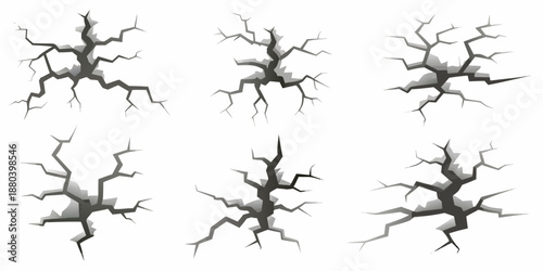 Detailed illustration of various cracked surfaces and fracture patterns on white