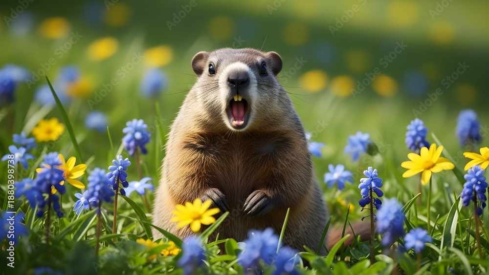 Fototapeta premium Groundhog day celebration with furry weather predictor in blooming flowers