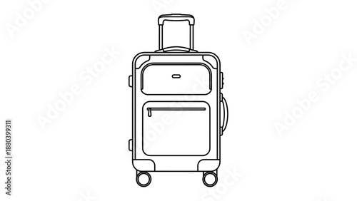 Simple line drawing of a wheeled suitcase with handle.