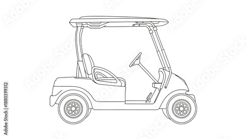 Simple line drawing of a golf cart with a roof and open door.
