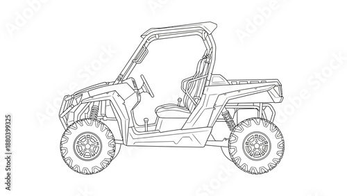 Line drawing of an all-terrain vehicle with open top and large tires.