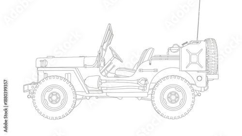 Detailed line drawing of a military jeep with open doors and spare tire.