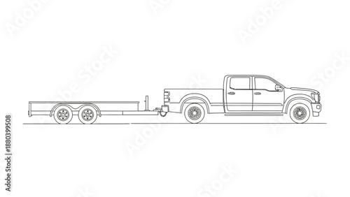 Simple line drawing of a pickup truck towing a trailer on a white background.