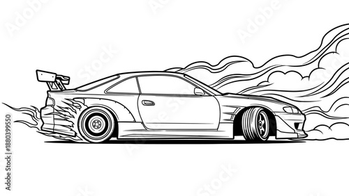 High-performance sports car in motion with smoke and speed lines.