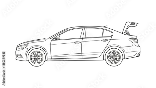 Simple line drawing of a car with a spoiler.