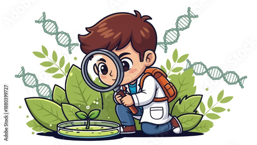 Little Scientist Examining Plant with Lens