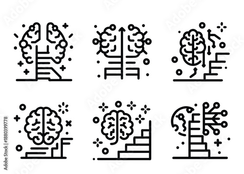 Illustrations symbolizing artificial intelligence, neuroscience, and human brain enhancements with circuit integrations