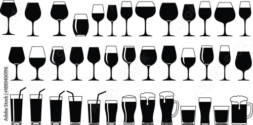 Silhouette drinkware collection, wine glasses, cocktail glasses, beer mugs, pint steins, pilsner glass, beverage cups, barware, alcohol serving vessels, hospitality