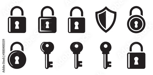 Security padlocks and keys vector collection of dark-themed icons representing safety privacy and protected access