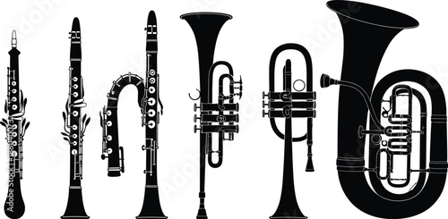 Silhouettes of oboe, clarinet, bass clarinet, trumpet, flugelhorn, tuba, musical instruments collection, woodwind and brass instruments, orchestra, band