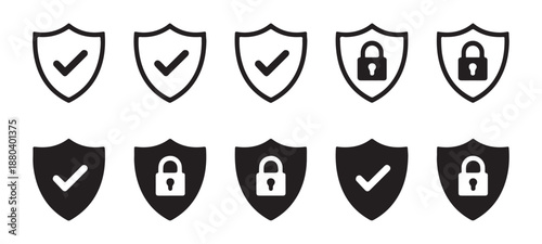 Verification and protection shield icon set featuring security check marks and locked padlocks for digital identity