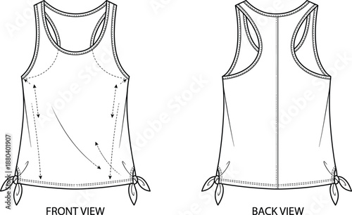 Sleeveless top technical sketch, front and back view, scoop neckline, side ties, directional seams, vector fashion illustration