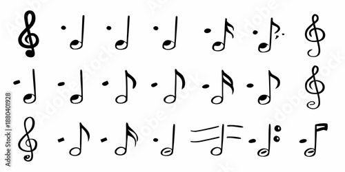 A collection of various musical notes and symbols arranged in rows