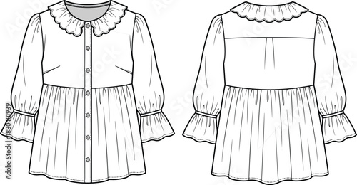 Girl’s dress technical sketch, front and back view, scalloped collar, puff sleeves, gathered skirt, vector fashion illustration