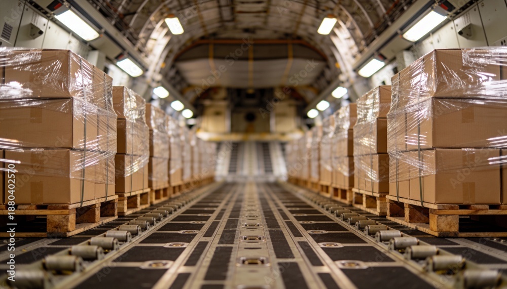 Fototapeta premium Long view down the cargo hold of an aircraft, showing rows of palletized cardboard boxes ready for transport.