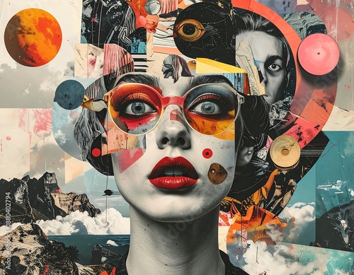 Collage of a woman's face with vibrant colors and layered imagery