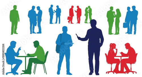 Silhouettes of diverse people interacting in various social settings  