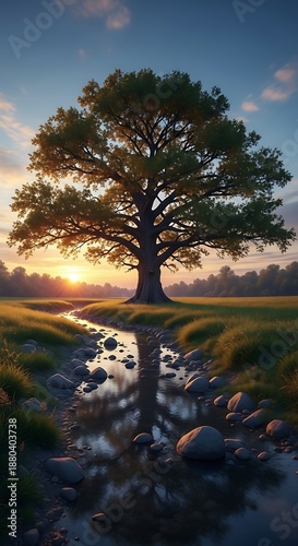 Majestic solitary tree stands over a reflective stream at sunset in a grassy field