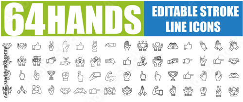 Set of 64 Outline Icons Related to Hands and Gestures - Linear Icon Collection with Editable Stroke for Vector Illustration 