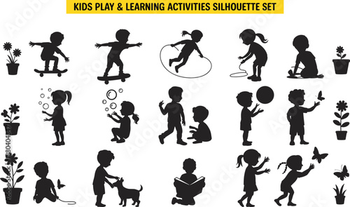 Black Children Silhouette Set Featuring Kids Playing Sports Reading Books Jumping Rope Skateboarding and Interacting with Pets Isolated on White Background for Diverse Graphic Design