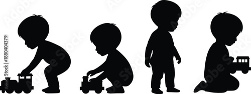 Black Toddler Silhouette Set Featuring Little Boys Playing with Toy Trains in Various Poses Including Standing Kneeling and Crouching Isolated on a White Background