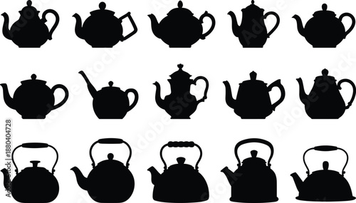 Black Silhouettes of Various Teapots in Three Rows