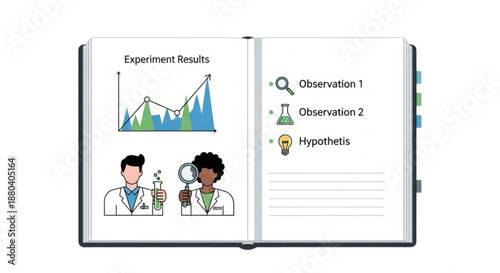 Science notebook showing experiment results with sketches of scientists  