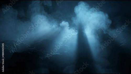Fog drifting slowly through a dark atmospheric scene with cool blue mist and soft volumetric light rays creating a moody cinematic background for abstract visuals