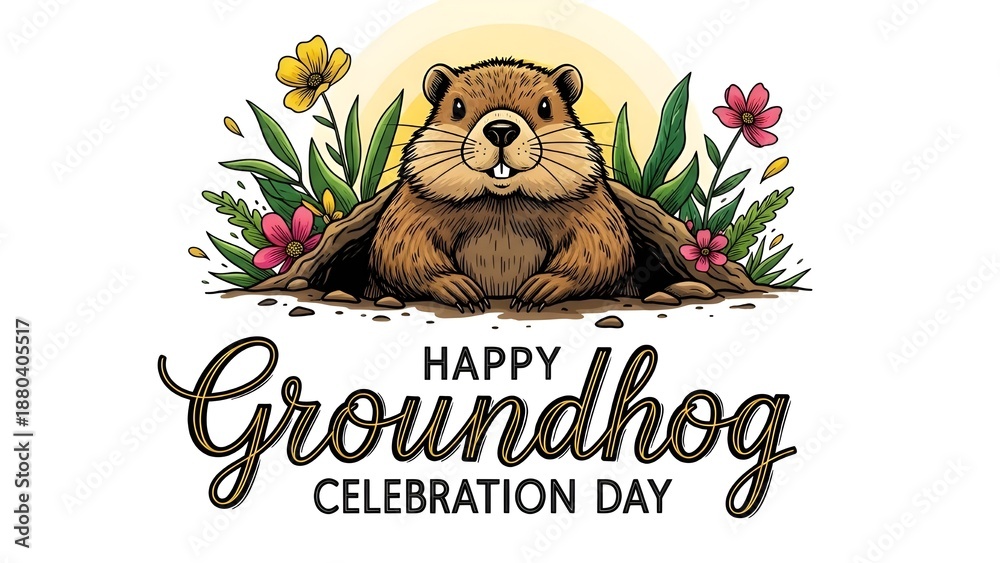 Naklejka premium Groundhog day celebration punxsutawney phil predicts spring arrival