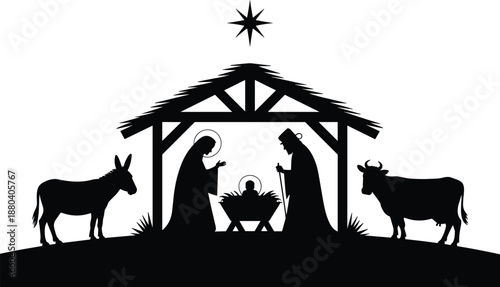 Black and white nativity scene with star and animals