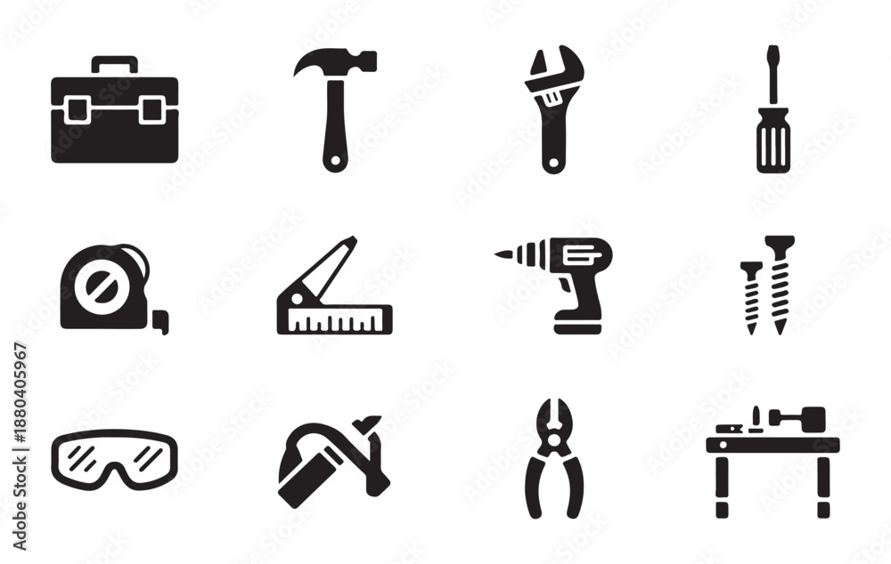 Fototapeta premium Toolbox and various work tools vector icon set with hammer, wrench, screwdriver, and drill