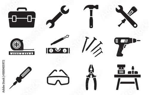Hardware repair shop icons with level wrench hammer electric drill goggles and professional toolbox
