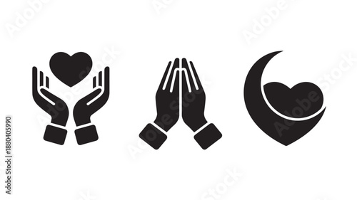 Vector Illustration Of Praying Hands And Hearts For Charity And Love Concept
