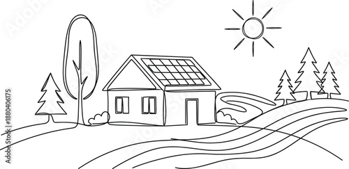 Solar house line art illustration with rooftop solar panels, sun, trees, and countryside landscape in a minimal black and white outline style