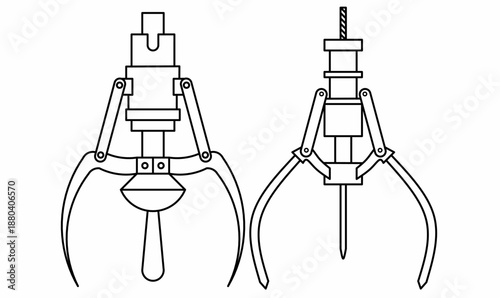 outline illustration of arcade claw crane grippers.for gaming, arcade machines, toy catcher concepts,and manuals.vector claw crane icon set.