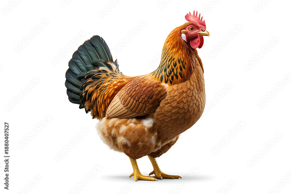 Fototapeta premium Majestic rooster standing proudly with vibrant feathers on white background