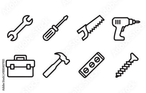Iconography of carpentry and DIY tools collection showing wrench screwdriver saw drill hammer and screw