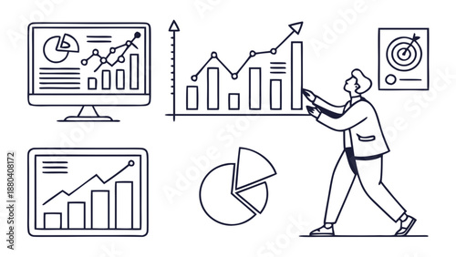 Analyzing business performance with charts isolated on white background, Vector