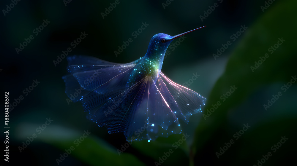 Naklejka premium Hummingbird in Flight: A captivating, low-angle perspective unveils a hummingbird suspended in mid-air, its wings a blur of motion, shimmering in the light.