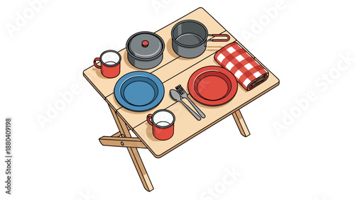 Outdoor picnic table set with dishes pots and a checkered cloth