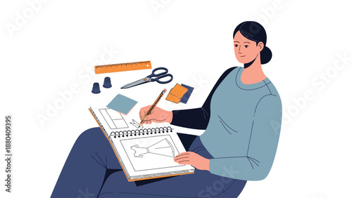 Person sketches dress pattern in notebook with sewing tools