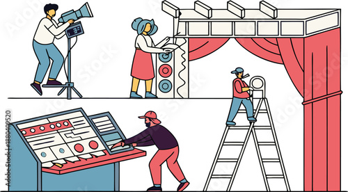 Film crew setting up equipment for a theatrical performance with colorful lights