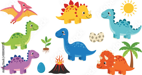 Cute cartoon dinosaur characters vector set with colorful prehistoric animals, eggs, volcano, sun, and nature elements