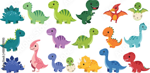 Cute cartoon dinosaur characters vector set with colorful baby dinosaurs, prehistoric animals, and playful kid friendly illustrations
