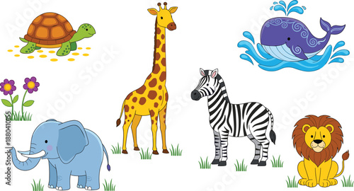 Cute cartoon wild and sea animals vector set with giraffe, zebra, lion, elephant, turtle, and whale illustration