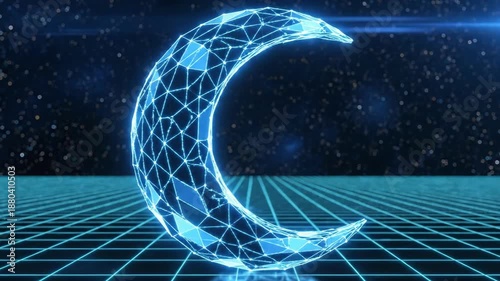 Futuristic Neon Blue 4K Seamless Loop of Digital Polygonal Crescent Moon Symbol on Cyber Grid Background for Islamic Celebrations