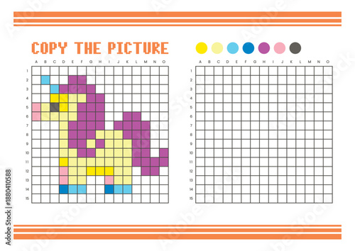 Copy the picture grid drawing worksheet for kids. Pixel art fantasy pony